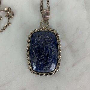 Sterling Silver Necklace Lapis Lazuli Pendant Blue Rectangle Stamped 925 Vtg